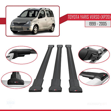 Toyota Yaris Verso (XP20) 1999-2005 Arası ile Uyumlu FLY Model Ara Atkı Tavan Barı Siyah 3 Adet