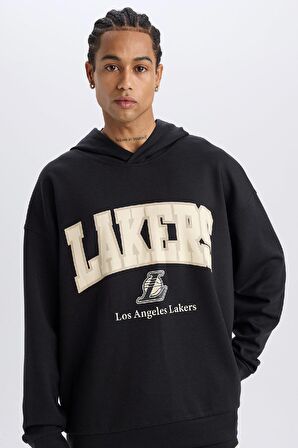DeFactoFit NBA Los Angeles Lakers Oversize Geniş Kalıp Kapüşonlu Skuba Dalgıç Kumaş Sweatshirt D6709AX25SPBK82