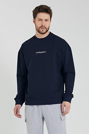 Erkek Bisiklet Yaka Oversize Sweatshirt Lacivert