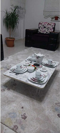 Ahşap Dikdörtgen Yer Sofrası-Hamur Açma Masası Beyaz Mermer 60 x 90 cm