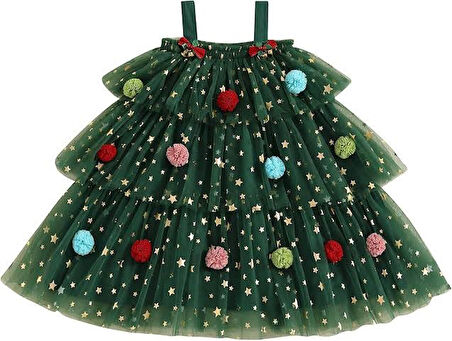 Petityu Kız Çocuk Ponponlu Yeşil Yılbaşı Elbisesi
