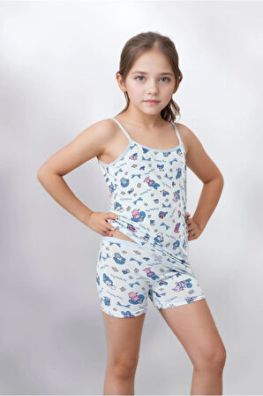 Kız Çocuk Baskılı Pamuk & Likralı İp Askılı & Şort İkili Takım LL.K34.O07.001