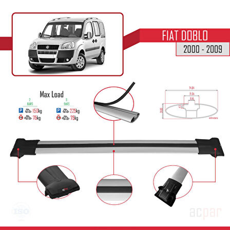 Fiat Doblo 2000-2009 Arası ile Uyumlu FLY Model Ara Atkı Tavan Barı Gri 2 Adet