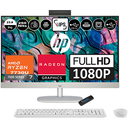 Hp 24-CR0011NT Amd Ryzen 7 7730U 16GB 512GB SSD Freedos Radeon Rx Vega8 23.8 Inç IPS Fullhd All In One Bilgisayar 80N40EAF01+ Zetta Flash Bellek