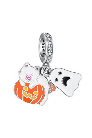 Hayalet,Balkabağı ve Kedi Cadılar Bayramı (Halloween) Charm | 925 Ayar Gümüş