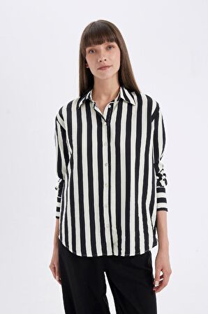 DeFacto Oversize Fit Çizgili Uzun Kollu Gömlek D4511AX24AUBK81