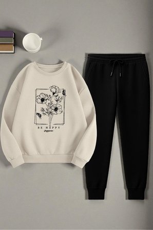 Unisex Kurdele Tasarım Baskılı Bisiklet Yaka Sweatshirt 2'li Eşofman Takımı