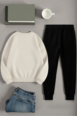 Unisex Kurdele Tasarım Baskılı Bisiklet Yaka Sweatshirt 2'li Eşofman Takımı