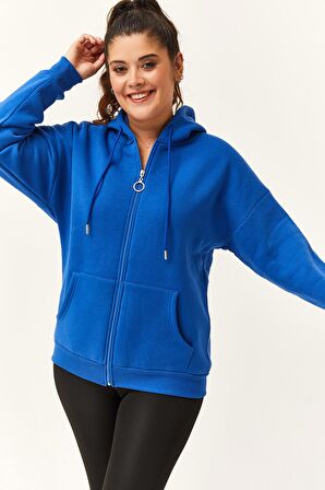 Kadın Büyük Beden Şardonlu Fermuarlı Kalın Mavi Sweatshirt