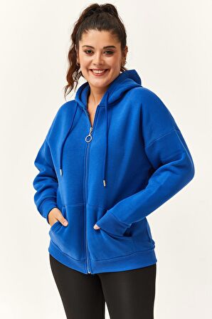 Kadın Büyük Beden Şardonlu Fermuarlı Kalın Mavi Sweatshirt