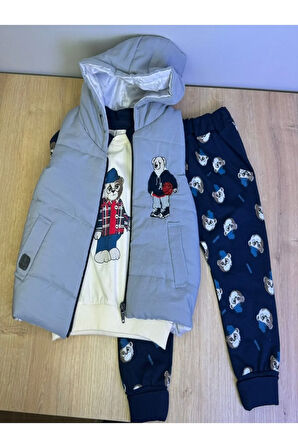 3'lü Erkek Bebek Çocuk 2 Iplik Kapüşonlu Yelekli Takım