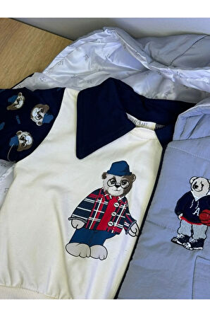 3'lü Erkek Bebek Çocuk 2 Iplik Kapüşonlu Yelekli Takım