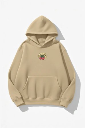 Unisex Yumuşak Dokulu Review Cherry Baskılı Tasarım Oversize 3 İplik Hoodie Sweatshirt