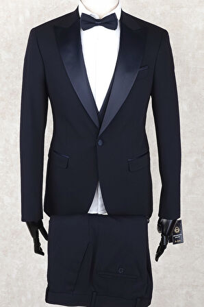 Jan Carlucci Slim Fit Saten Sivri Yaka-Çift Yırtmaç  Lacivert Drop 6 Damatlık Smokin - Full Set Yelek, Gömlek, Papyon 