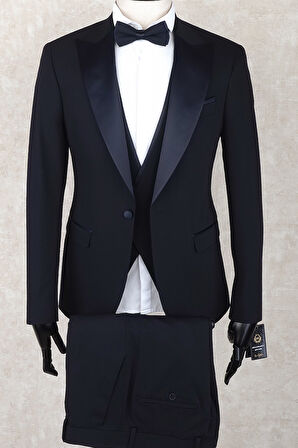 Jan Carlucci Slim Fit Saten Sivri Yaka-Çift Yırtmaç  Lacivert Drop 6 Damatlık Smokin - Full Set Yelek, Gömlek, Papyon 