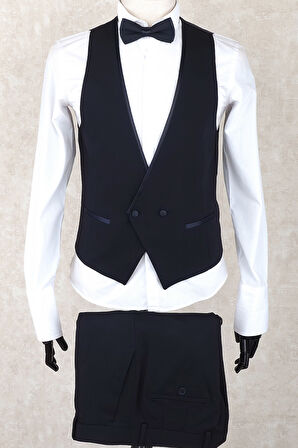 Jan Carlucci Slim Fit Saten Sivri Yaka-Çift Yırtmaç  Lacivert Drop 6 Damatlık Smokin - Full Set Yelek, Gömlek, Papyon 