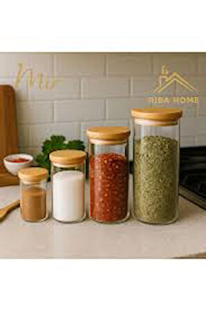 MİR Bambu Kapaklı  Borosilikat 4lü Saklama Kabı Baharat Bakliyat Sakalama Kabı