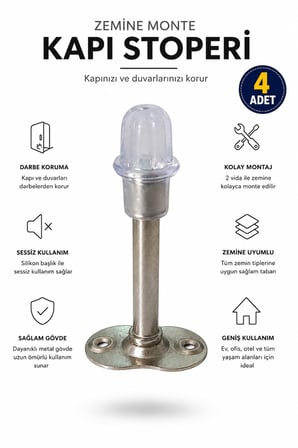 Kapı Stoperi Duvar Koruyucu Zemin Tipi Metal Kapı Durdurucu Darbe Emici Silikon Başlıklı Vidalı Kapı Tamponu Krom - 4 ADET