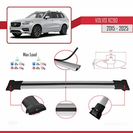 Volvo XC90 II 2015 ve Sonrası ile Uyumlu FLY Model Ara Atkı Tavan Barı Gri 2 Adet