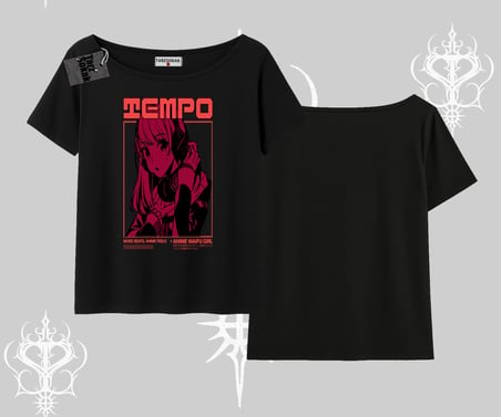 Kayık Yaka Tshirt Anime Waifu Kırmızı Grafik Desenli