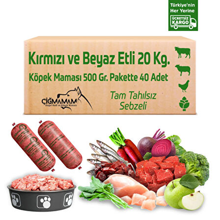 Kırmızı ve Beyaz Etli Tahılsız 20 Kg 500 Gr 40 Adet Çiğmamam Barf Köpek Maması