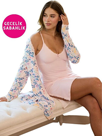 Kadın Çiçekli İp Askılı İnce Dantel Detaylı Çift Taraf Yırtmaçlı 2li Mini Gecelik Sabahlık-Çeyizlik