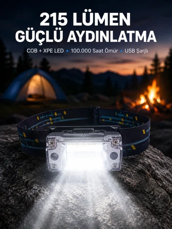 Şarj Edilebilir Led Kafa Feneri 215 Lümen Xpe Cob Güçlü Aydınlatma