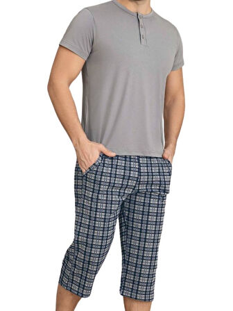 Erkek Bisiklet Yaka 3 Düğmeli Ekose Desen Modal Kısa Kol Cepli Kapri Pijama Takımı