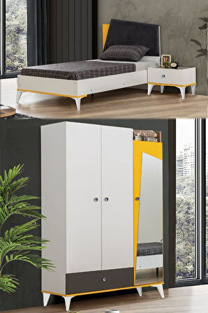 Giallo Genç Odası - 3 Kapılı Dolap, Karyola, Komodin