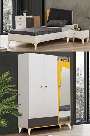 Giallo Genç Odası - 3 Kapılı Dolap, Karyola, Komodin, Şifonyer