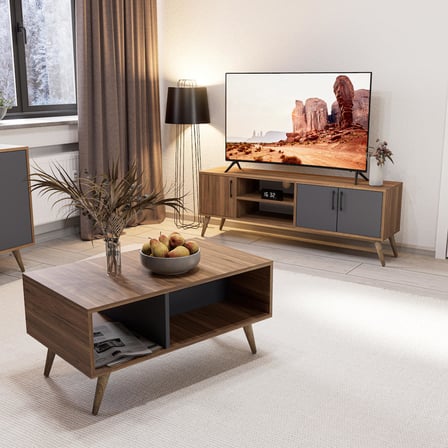 Mezza Set 1580-2070-1620 Exxen (AHŞAP AYAKLI) Tv Ünitesi - Orta Sehpa - Konsol Seti Ürgüp - Antrasit