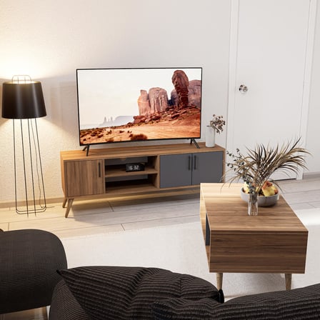 Mezza Set 1580-2070 Exxen Tv Ünitesi Exxen Orta Sehpa (AHŞAP AYAKLI) - Ürgüp - Antrasit Rengi