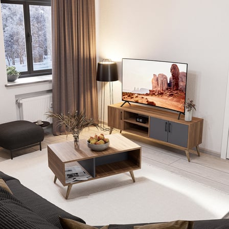 Mezza Set 1580-2070 Exxen Tv Ünitesi Exxen Orta Sehpa (AHŞAP AYAKLI) - Ürgüp - Antrasit Rengi