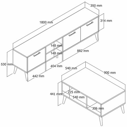 Mezza Set 1581-2070 Exxen 180 Cm Tv Ünitesi Exxen Orta Sehpa (AHŞAP AYAKLI) Ürgüp-Antrasit Rengi