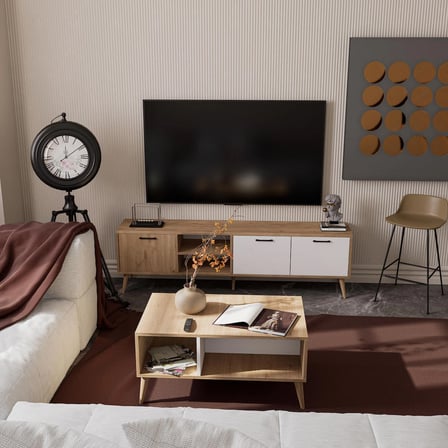 Mezza Set 1585-2074 Exxen 180 Cm Tv Ünitesi Exxen Orta Sehpa (AHŞAP AYAKLI) - Sepet-Beyaz Rengi