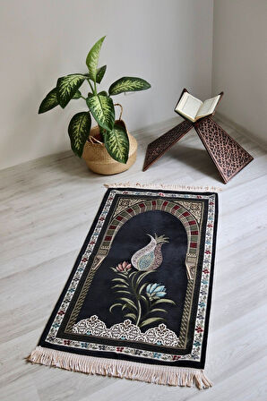 Lale Desenli Astarlı Lüks Seccade S1002 Siyah