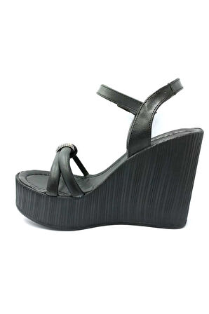 292020 Siyah Taşlı Dolgu Taban Kadın Ayakkabı