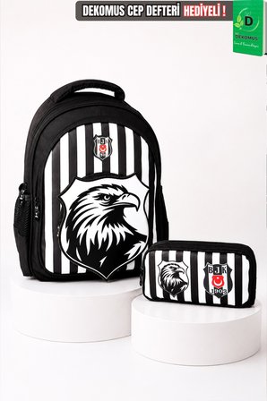 x Dekomus Lisanslı Beşiktaş Özel Tasarım 3D Kartal Büyük Boy Okul Çantası Ve Kalem Çantası Seti