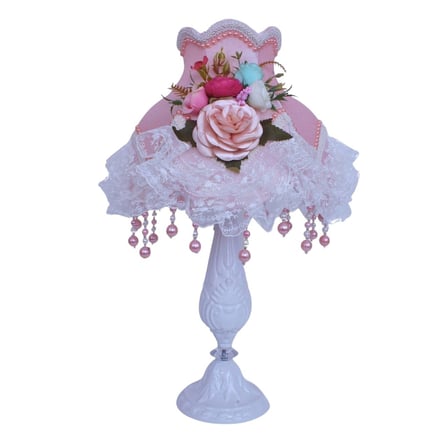 Pudra Pembe Kadife Çiçek Süslemeli Başlık Beyaz Metal Ayaklı Klasik Prenses Model Abajur 50x30cm