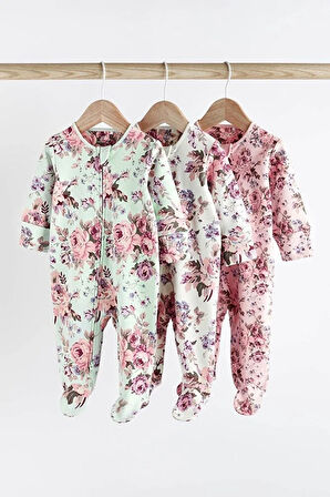 Pamuklu Pembe Çiçek Desenli Fermuarlı 3’lü Tulum Set