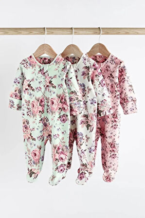 Pamuklu Pembe Çiçek Desenli Fermuarlı 3’lü Tulum Set