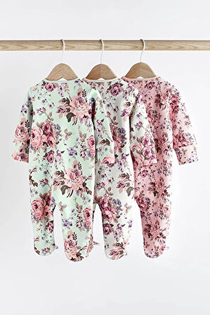Pamuklu Pembe Çiçek Desenli Fermuarlı 3’lü Tulum Set