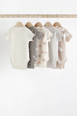 Next Baby % 100 Pamuklu Gri Koyun Desenli Kısa Kollu 5’li Bebek Body Zıbın Set