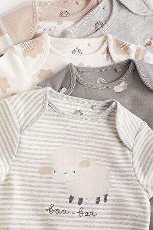 Next Baby % 100 Pamuklu Gri Koyun Desenli Kısa Kollu 5’li Bebek Body Zıbın Set