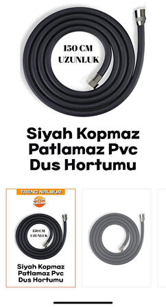 Modern Siyah Pvc Duş Hortumu 150 Cm Esnek Ve Patlamaya Dayanıklı - Paslanmaz Banyo Hortumu