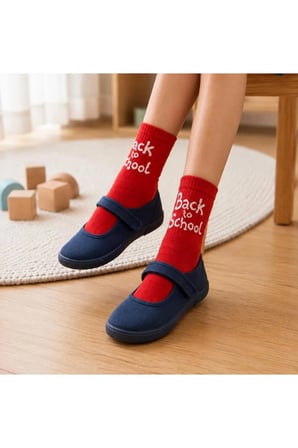 Kırmızı Desenli Kolej Stil 'Back To School' Pamuk Soket Çorap- Okul Çorabı