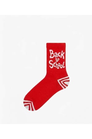 Kırmızı Desenli Kolej Stil 'Back To School' Pamuk Soket Çorap- Okul Çorabı
