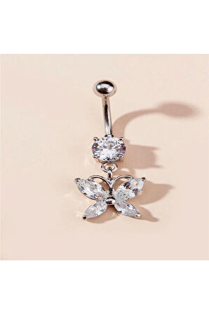 316 L Cerrahi Çelik Kelebek Zirkon Taşlı Göbek Piercing