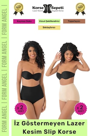 #Korse İz Yapmayan 2 Beden Küçülten Kaymaz Toparlayıcı Lazer Kesim Slip Korse 4'lü Set