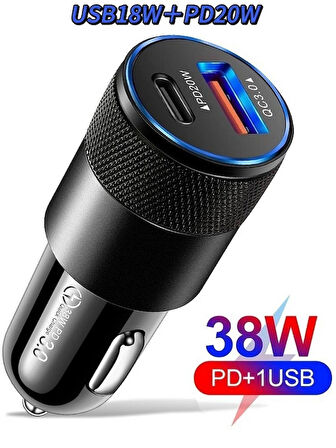 Araç Seyahat Cep Telefonu Şarjı Oto Çakmaklık Şarj Cihazı Type-C Usb Girişli Araba Şarz Aleti 38W